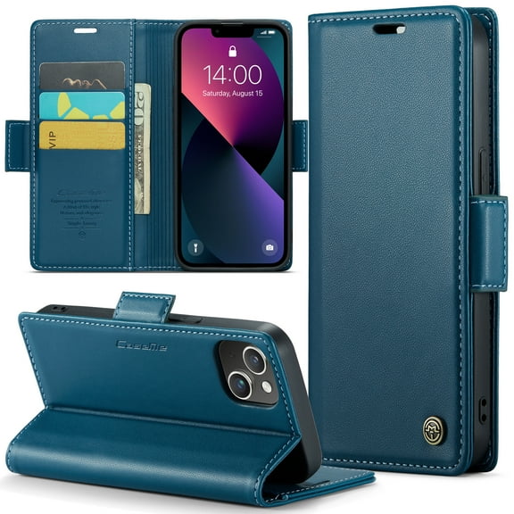Feishell Wallet Case for iPhone 14 Plus, RFID Blocking Magnetic Clasp Shockproof Cover, Premium PU Leather Flip Case with Credit Card Slots Holder Kickstand for iPhone 14 Plus, Blue