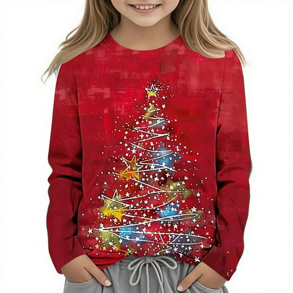 Trupants Girls Christmas Tree Long Sleeve Top - Multicolor, Soft 95% Polyester 5% Spandex, Crew Neck, Festive Holiday Shirt for 3-14 Years Old, Sizes 110-170,Size 5 T