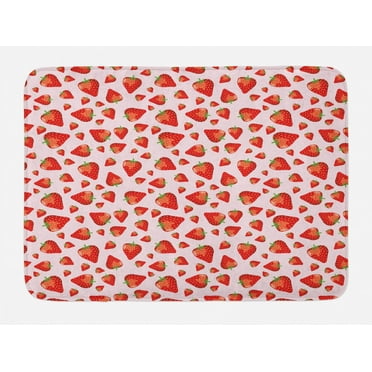 Strawberry Bath Mat, Juicy Ripe Strawberries Pattern as Repeating Motifs Theme, Plush Bathroom Decor Mat with Non Slip Backing, 29.5" X 17.5", Lime Green Vermilion, by Ambesonne