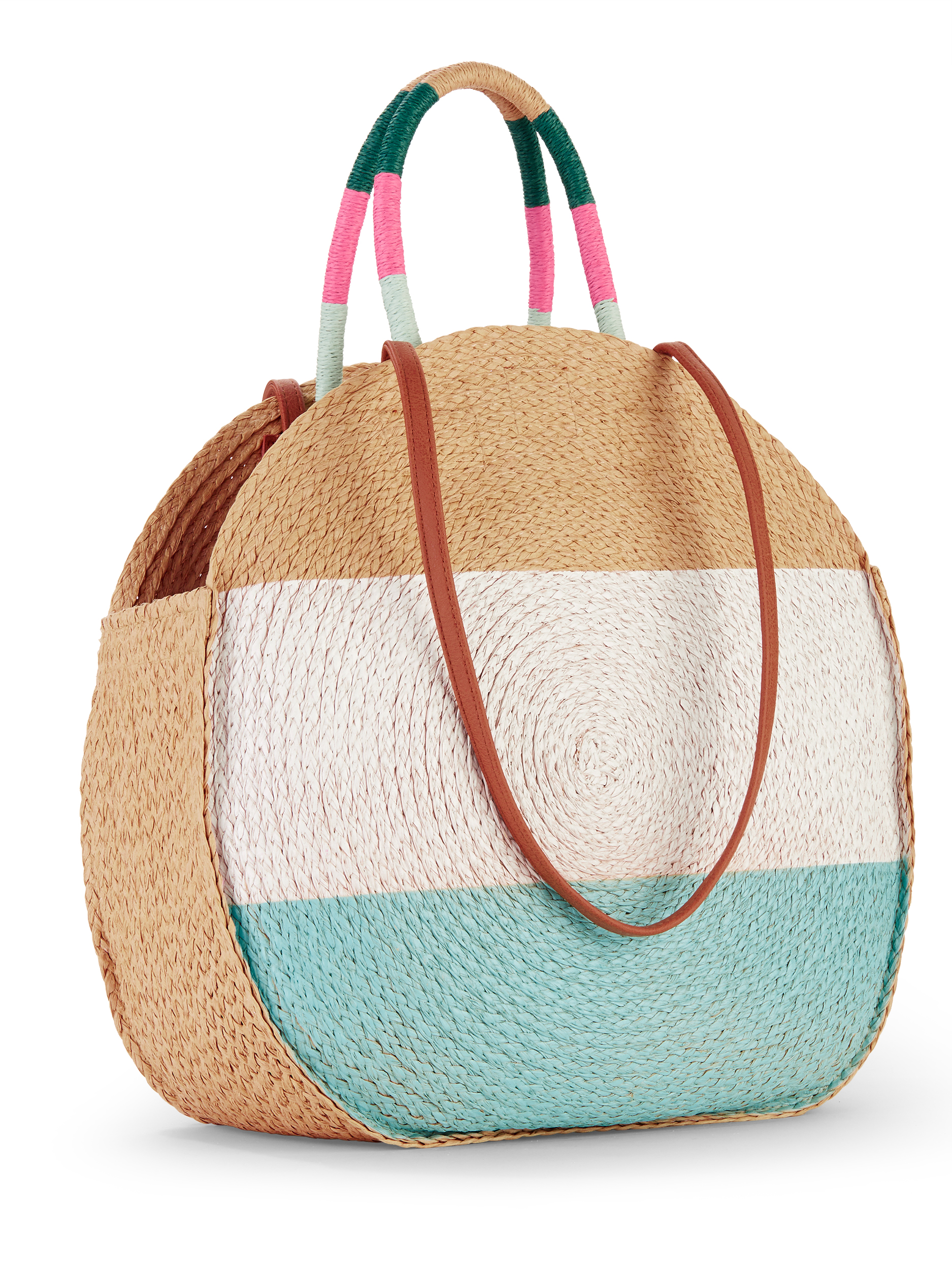 Time and Tru Women's Striped Straw Circle Tote Bag with Inner Slip Pocket Mint Multi - image 3 of 6