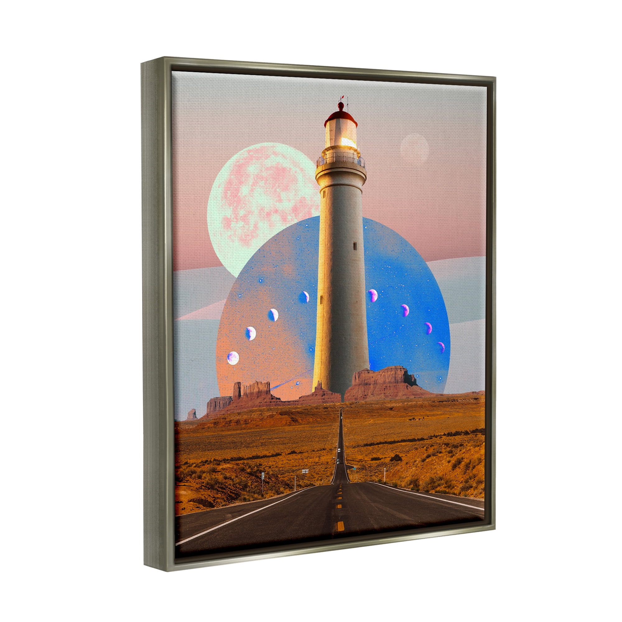Stupell Industries Surreal Lighthouse in Desert Landscape Painting Gray Floater Framed Canvas Art Print Wall Art, 17 x 21