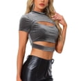 thumbnail image 4 of INSPIRE CHIC Cut Out Top for Women's Glitter Sparkle Velvet Short Sleeve Fitted Crop Tops XL Grey, 4 of 6