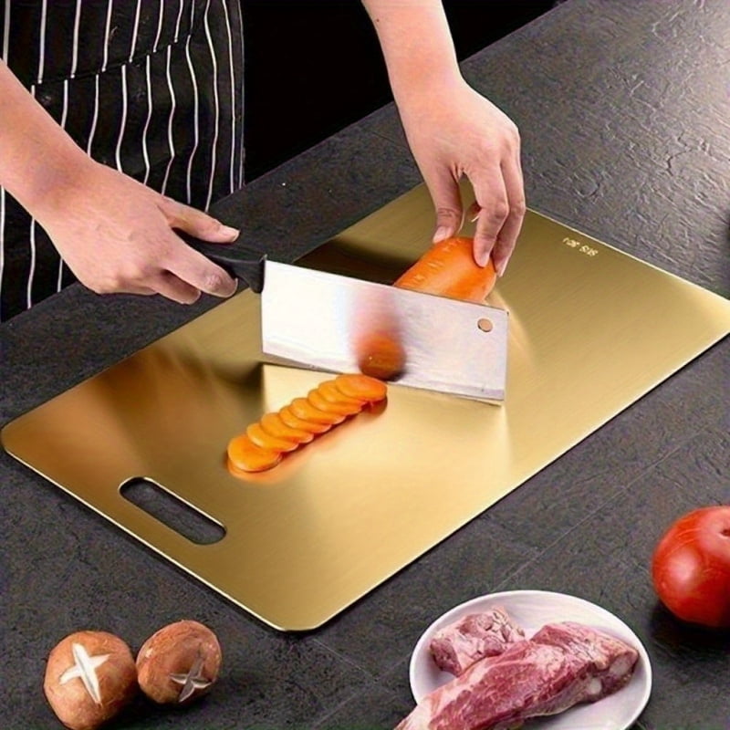 QUTETN 3-Piece Stainless Steel Cutting Board Set – Double Sided with Non-Slip Base & Handle – Dishwasher Safe, Heavy-Duty Kitchen Chopping Mats (Gold)