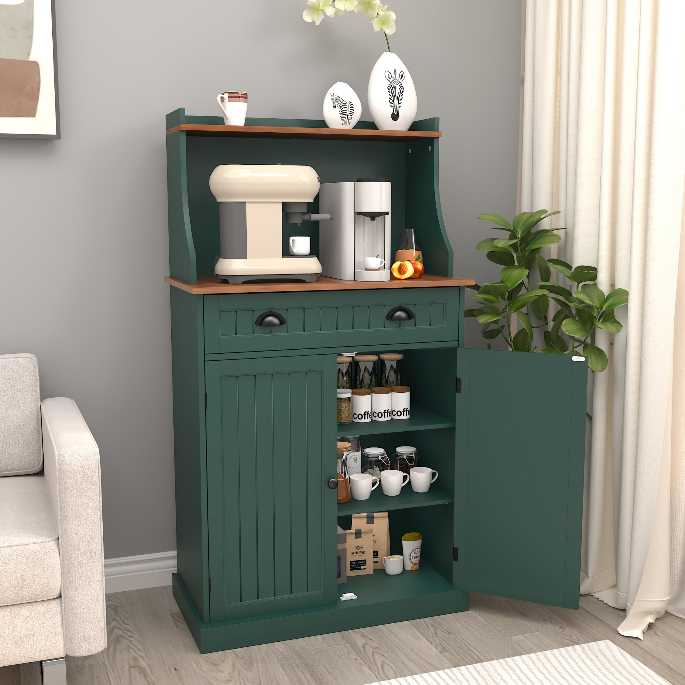 HLR Farmhouse Kitchen Pantry Cabinet with Microwave Stand, 54" Coffee Bar Storage Cabinet, Green