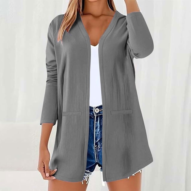 Neewe Women Summer Long Sleeve Solid Color V Neck Lightweight Basic Cardigan with Pocket Outfits