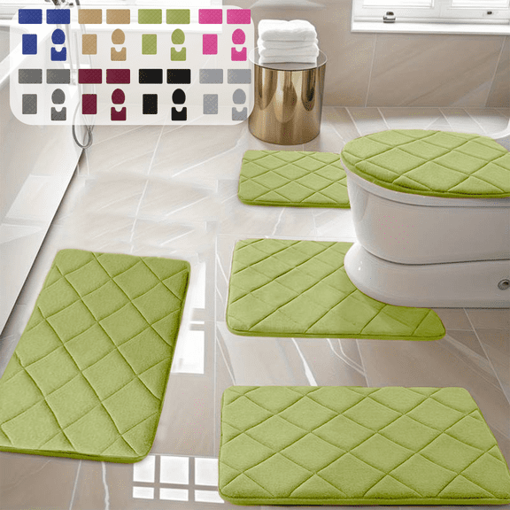 CuiLiyq Green Bathroom Rug Set 5 Piece, Soft Memory Foam Bath Mat Non Slip, Machine Wash Bath Rug Set Water Absorbent for Bathroom Toilet, 1 Toilet Cover, 1 U Shape Rug, 3 Bath Mats (Green)