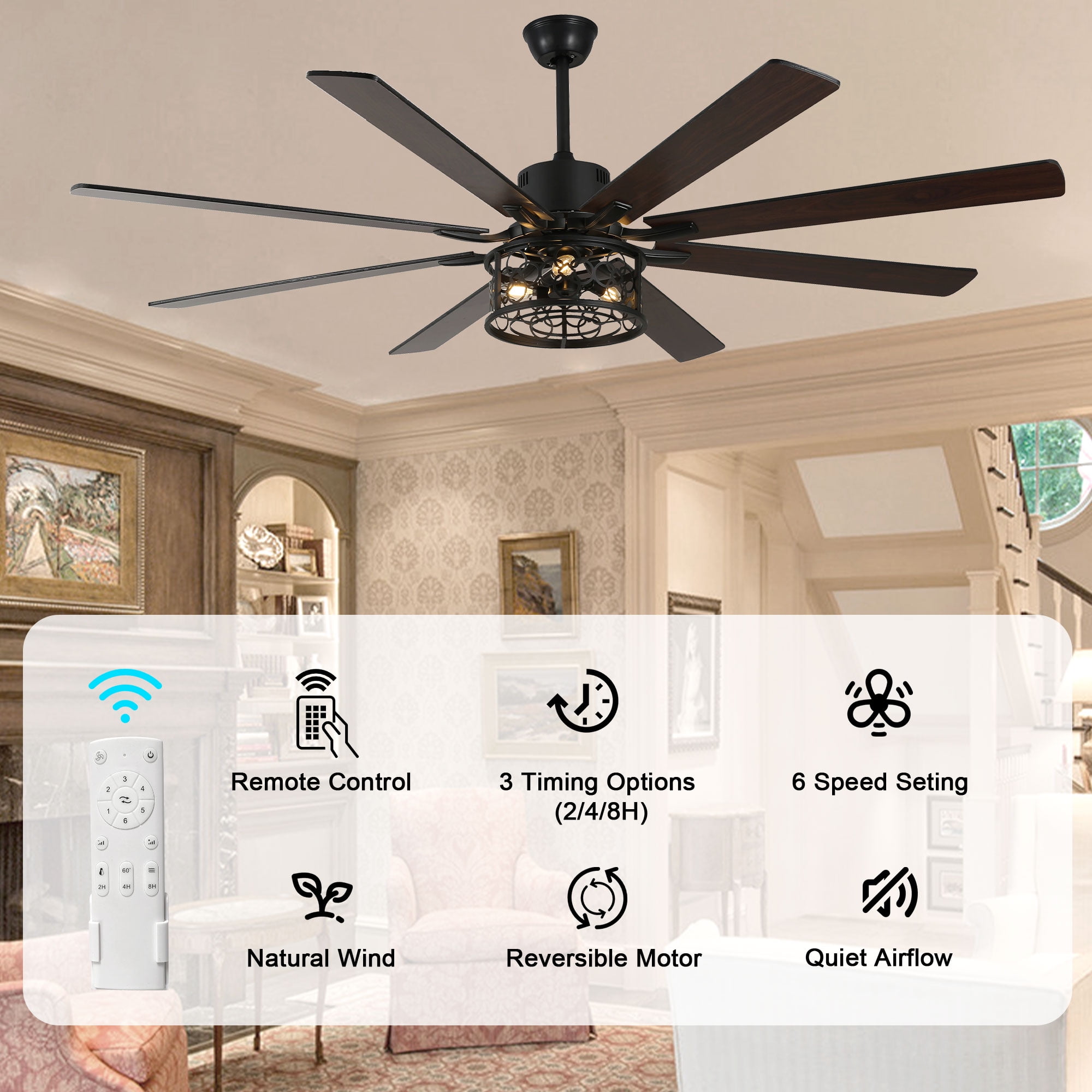 Bella Depot 72" Ceiling Fan 6-speed Farmhouse Metal Cage 3-Light Chandelier with Remote