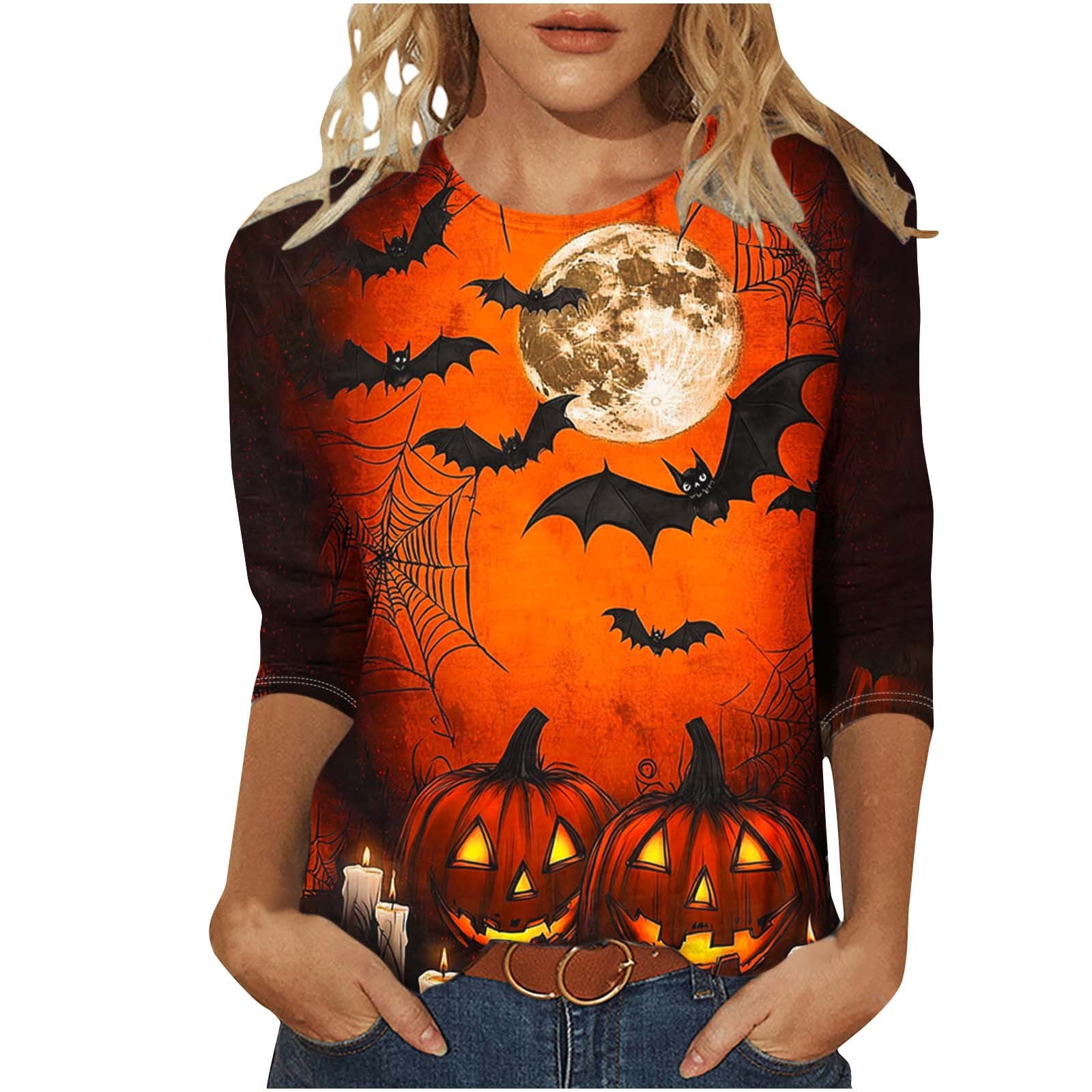 BLTIBY Halloween Shirts for Women 3/4 Sleeve Funny Graphic Tees Vintage Festival Tops Crew Neck Sweatshirts Great Gifts Multicolor 6 L