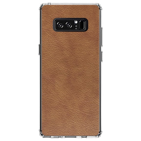 DistinctInk Clear Shockproof Hybrid Case for Samsung Galaxy Note 8 - TPU Bumper, Acrylic Back, Tempered Glass Screen Protector - Dark Brown Faux Leather Print Design - Printed Leather