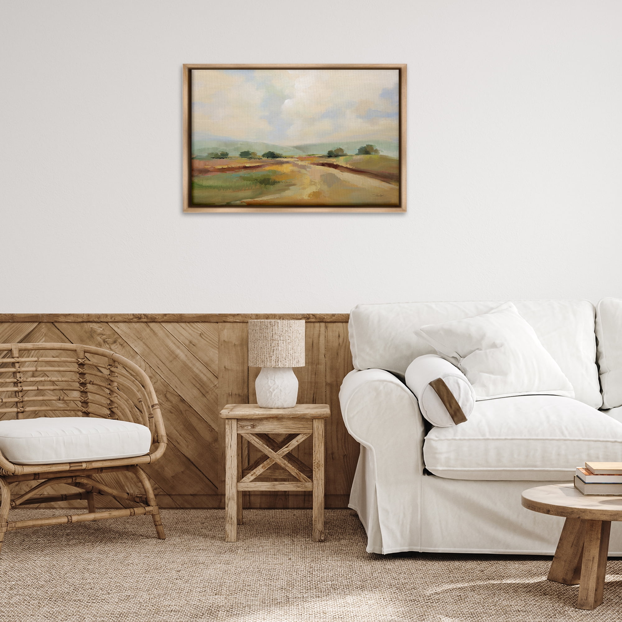 Stupell Industries Solitary Rural Landscape Landscape & Nature Painting Brown Floater Framed Canvas Art Print Wall Art, 31 x 21