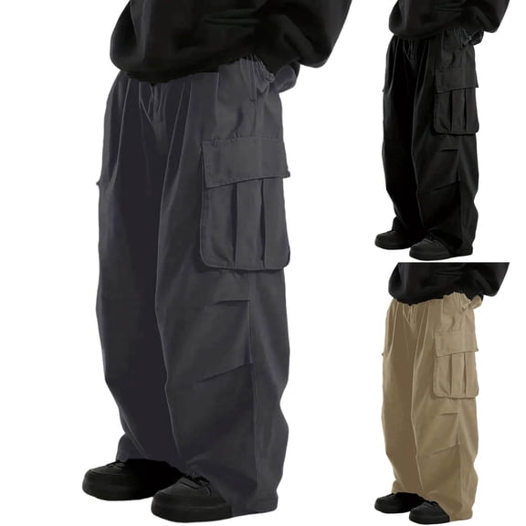 Mens Baggy Cargo Pants Casual Relaxed Fit Elastic Waist Ripstop Waterproof Cargo Pants Outdoor Workwear Pants with Muti Pocket Big and Tall Size S-5XL Khaki