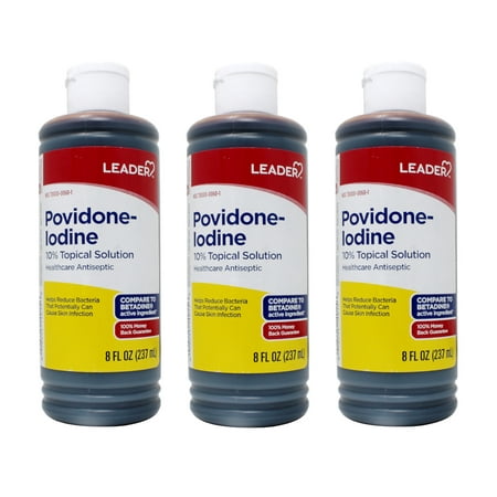 Leader Povidone Iodine 10% Topical Solution First Aid Antiseptic, Prevent Infection, 8 oz - 3 Pack