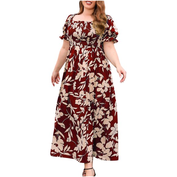 Pisexur Womens Dresses Summer Floral Print Maxi Dresses Wrap Square Neck Pleated Sun Dress Casual Flowy Comfort Waist Oversized Prom Dress Short Sleeve Elegant Wedding Guest Dresses XL-4XL