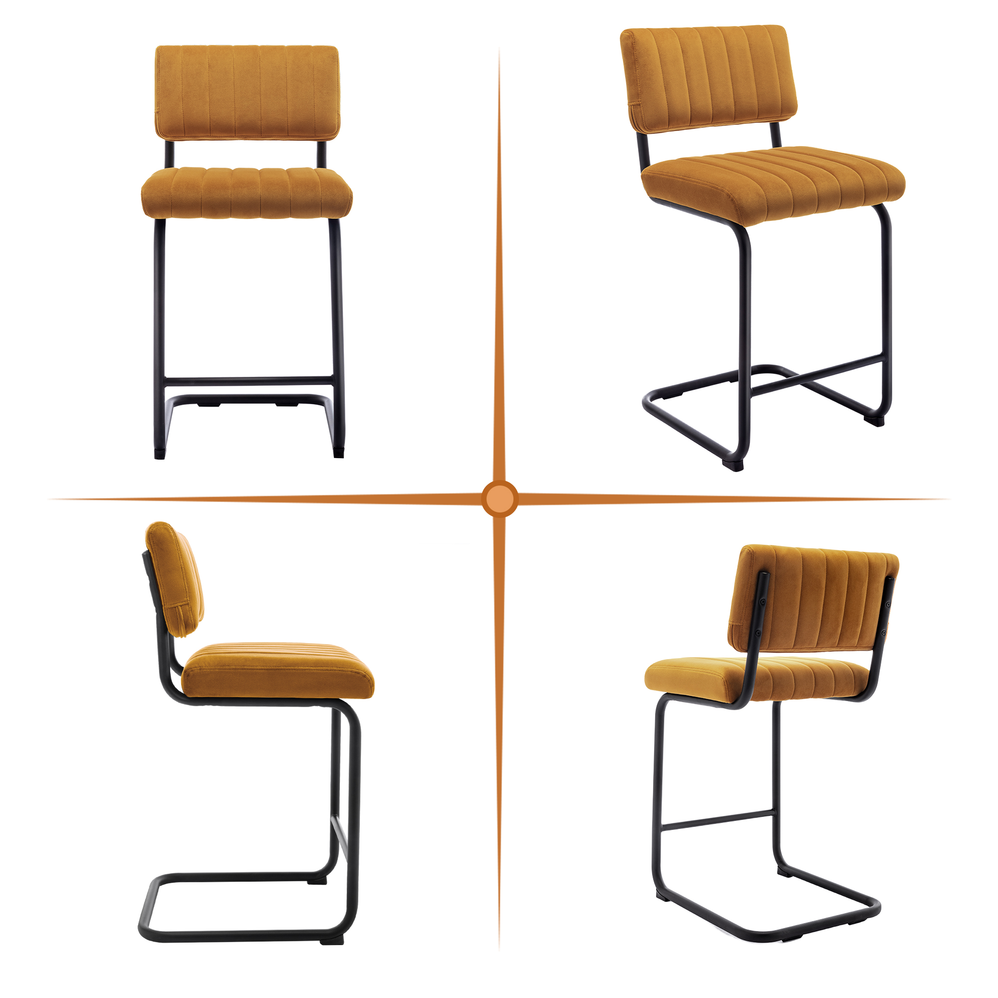 ONEVOG 24''H Counter Height Bar Stools Set of 2, Morden Counter Bar Stools with Velvet and Black Metal Legs, Upholstered Bar Stool For Kitchen Island, Cognac