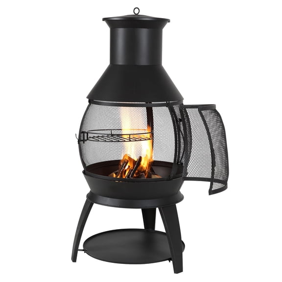 22 In Chiminea Outdoor Wood Burning Iron Firepit with Grill Mesh & Chimney Coat