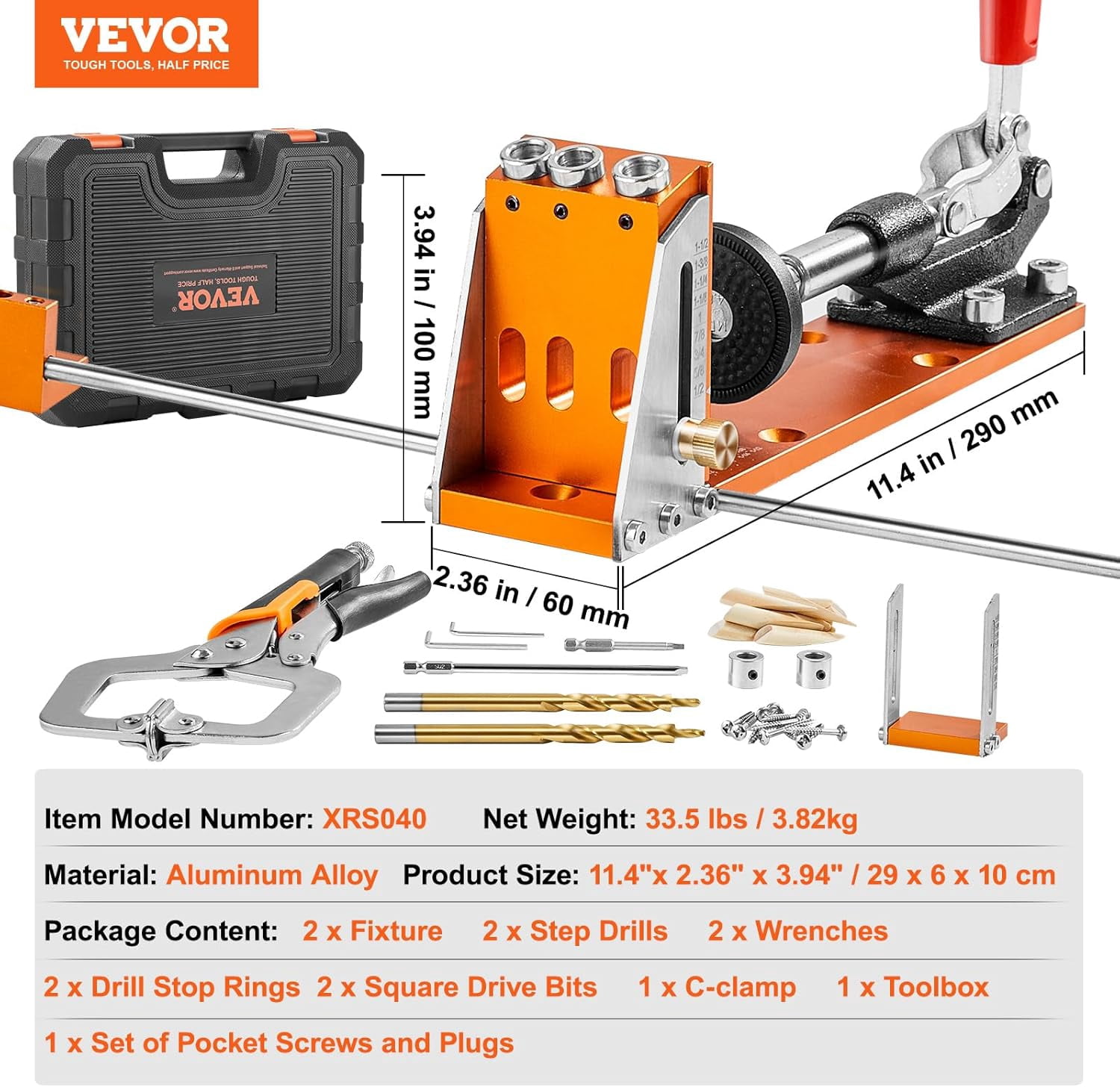 Pocket Hole Jig Kit, 34 Pcs Pocket Hole Jig System with 11" C-clamp, Fixture, Step Drills, Wrenches, Drill Stop Rings, Square Drive Bits, Toolbox, for DIY Carpentry Projects, Adjustable