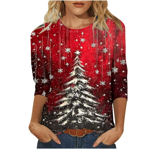 LiMoi Women's Three Quarter Sleeve Seasonal Top 3/4 Sleeve Round Neck Shirt with Holiday Tree Tees Tshirts Blouse My Items Orders
