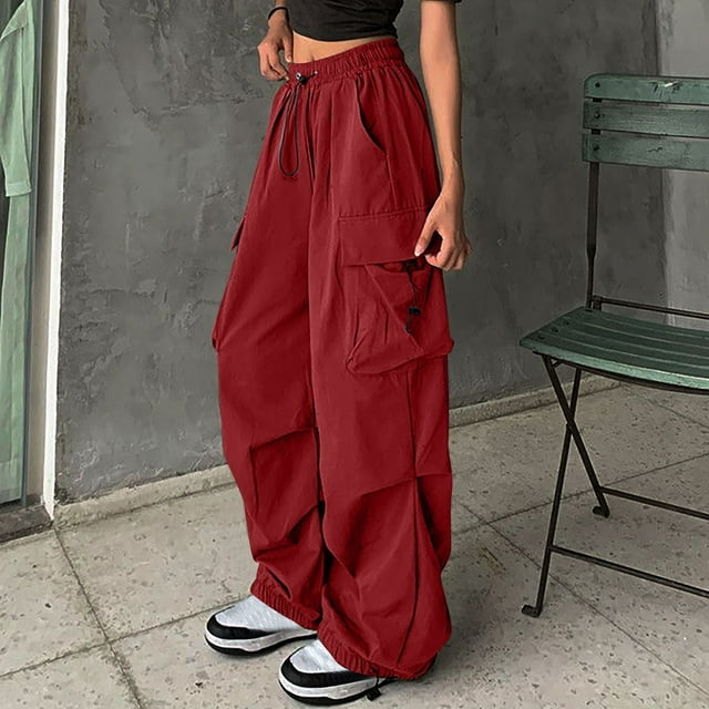 Leodye Pantalon Cargo Léger de Randonnée pour Femmes, Séchage Rapide, Décontracté, Voyage, Jogging, Taille Élastique avec Poches, Rouge 4(S)