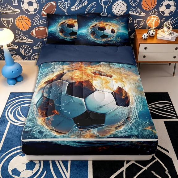 Erosebridal Fiery Soccer Ball Pattern Zipper Twin Comforter Sets with Fitted Sheet and 2 Pillowcases,Splash Water Print Zipper Bedding Set,Blue Orange White,Navy Blue Reversible