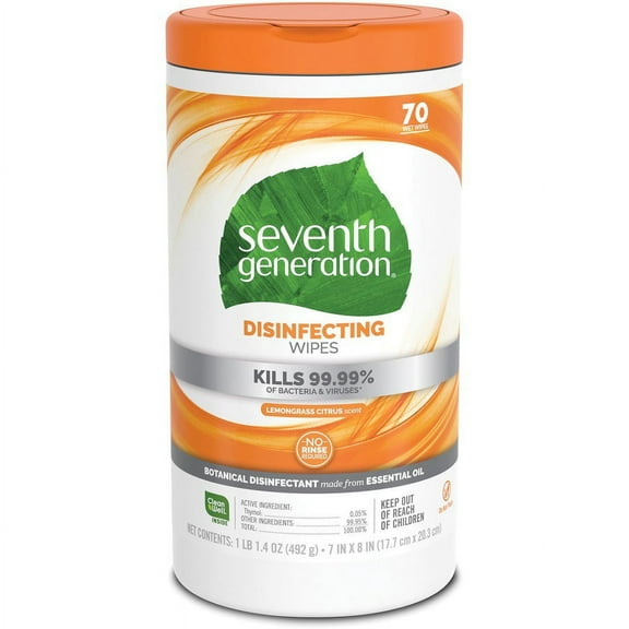 Seventh Generation Disinfecting Cleaner - Wipe - Lemongrass Citrus Scent - 7" Width x 8" Length - 70 / Canister - 70 / Each | Bundle of 5 Each