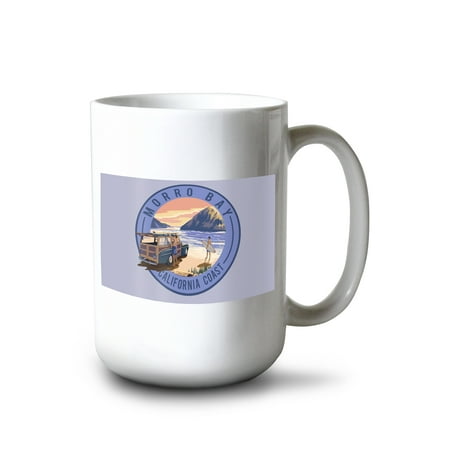 

15 fl oz Ceramic Mug Morro Bay California Woody and Surfers on the Beach Contour Dishwasher & Microwave Safe
