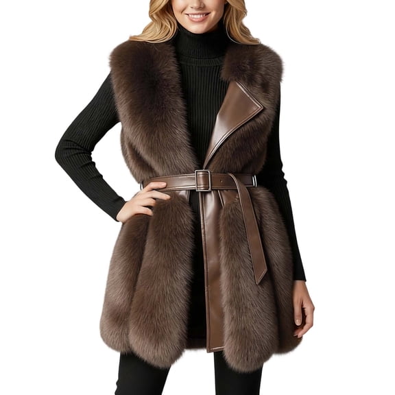 Leather Patchwork Women's Fuzzy Vests Sleeveless Mid-Length Warm Elegant Jacket Outerwear Winter Coats with Belt