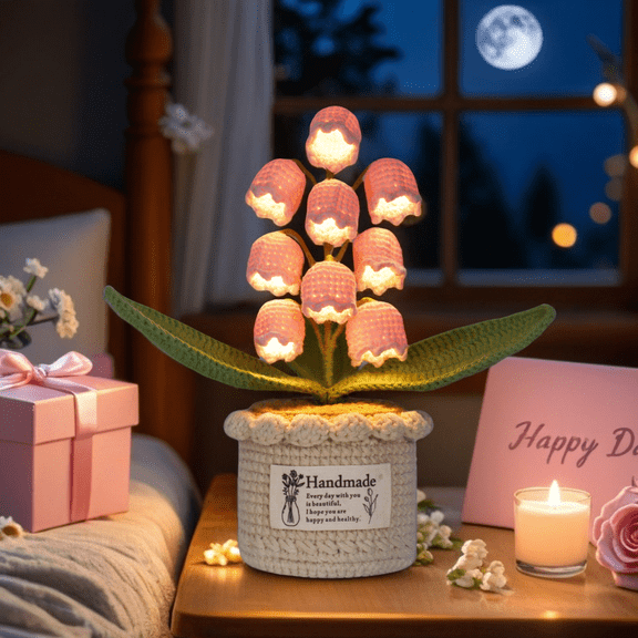 Handmade Crochet Lily of The Valley Lamp - 9 LED Night Light for Desk or Bedside, Artificial Flowers Decor, for Women Mom Valentine Birthday