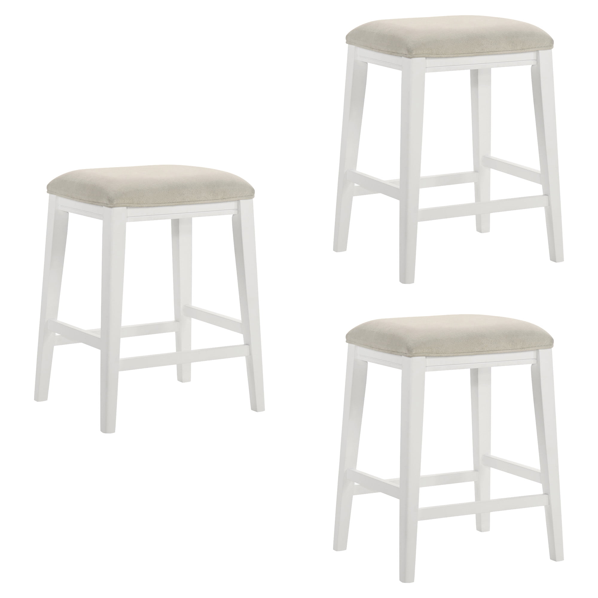 Jane Contemporary Transitional Wood Counter Height Kitchen Bar Stool in White Finish with Cream Fabric Upholstered Seat - Set of 3