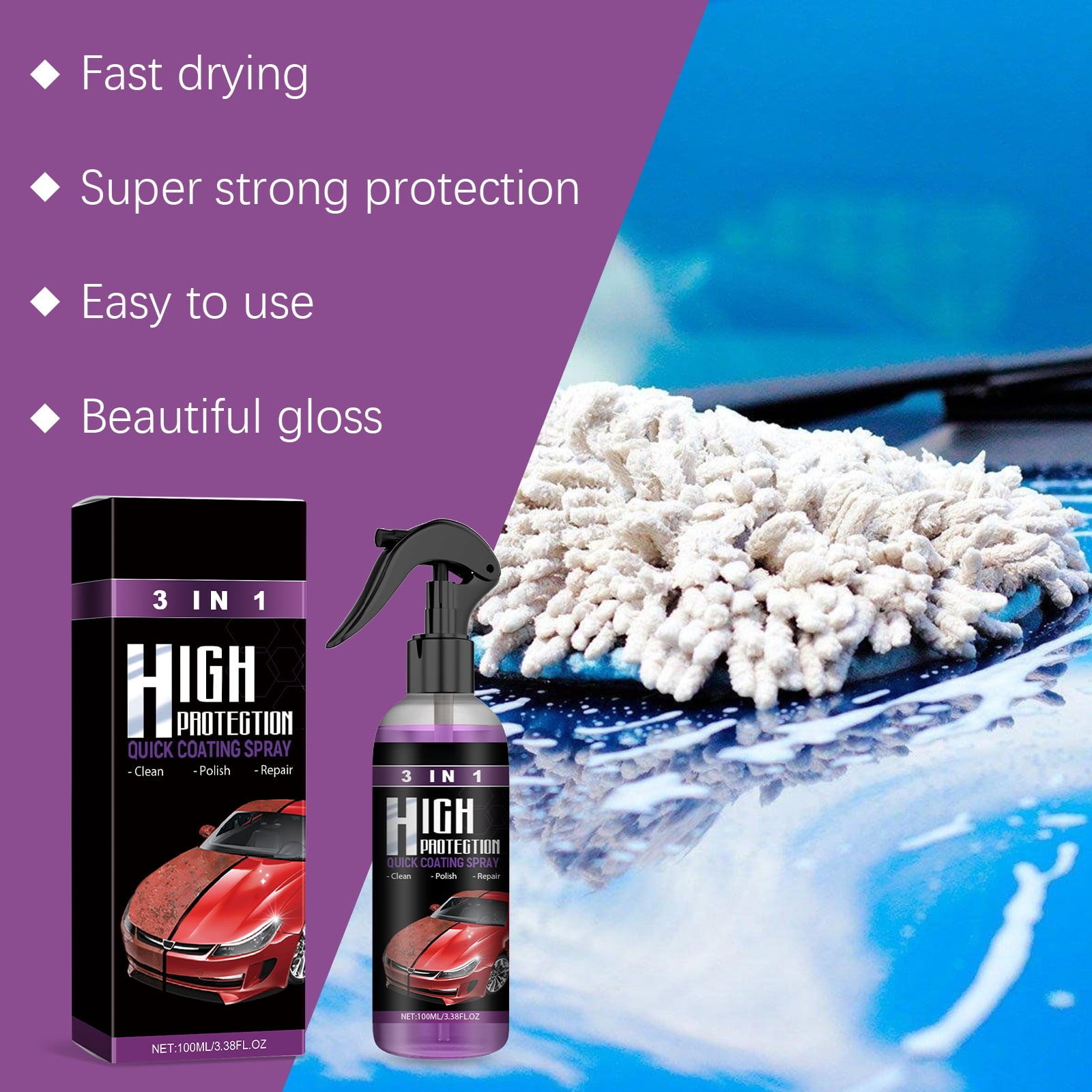 Alvantor 3 in 1 High Protection Hydrophobic Car Coating Spray, Ceramic Sealant, 3.38fl.oz