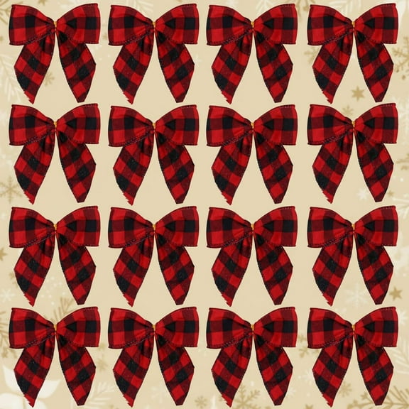 16 Pieces Small Christmas Bows 5 x 4 Inches Red and Black Buffalo Plaid Bows Xmas Hanging Ribbon Bows for Christmas Tree Home Decor