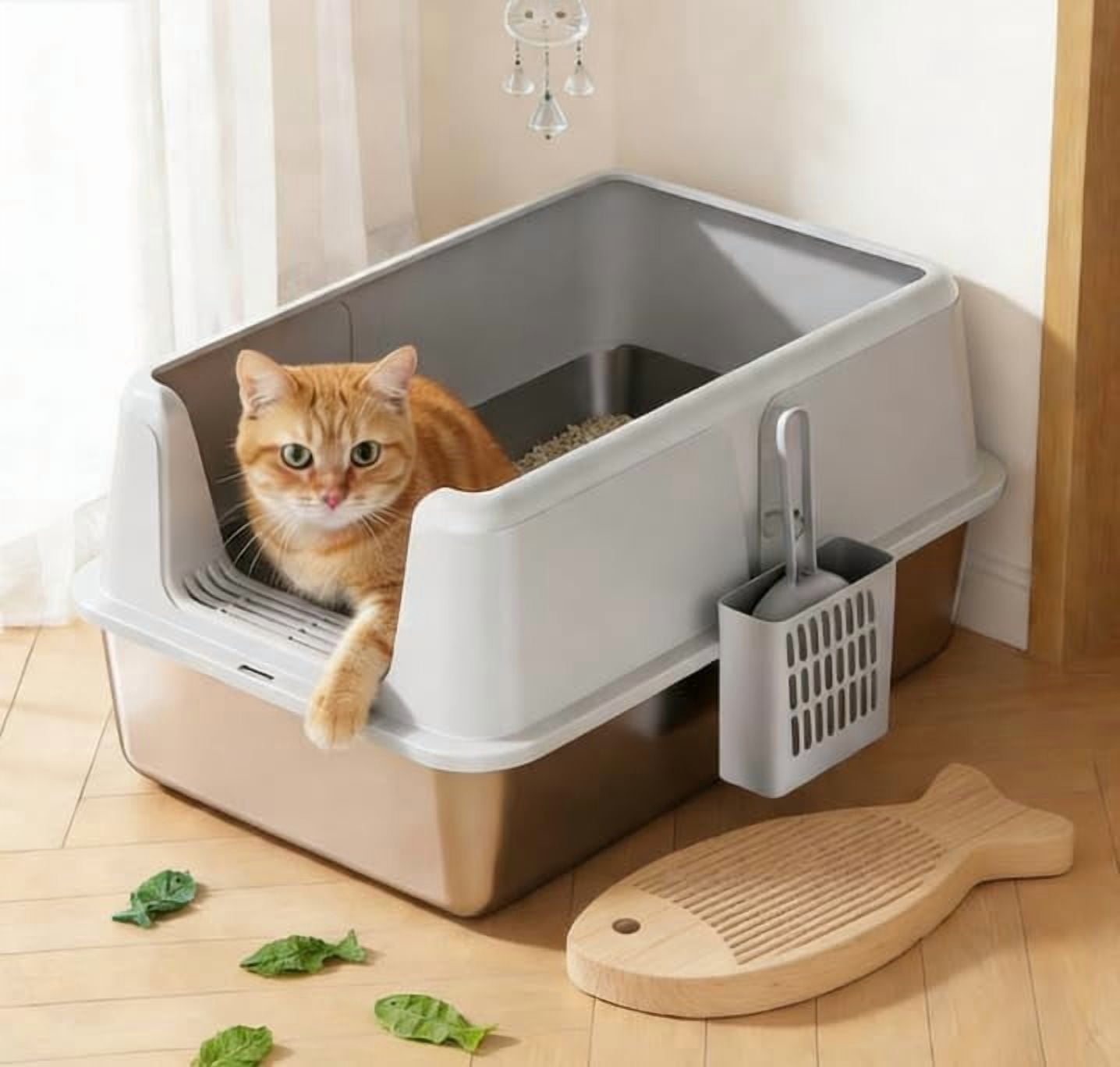 Acekid Stainless Steel Cat Litter Box Large Enclosed with Lid & Scoop, High Sided, Gray