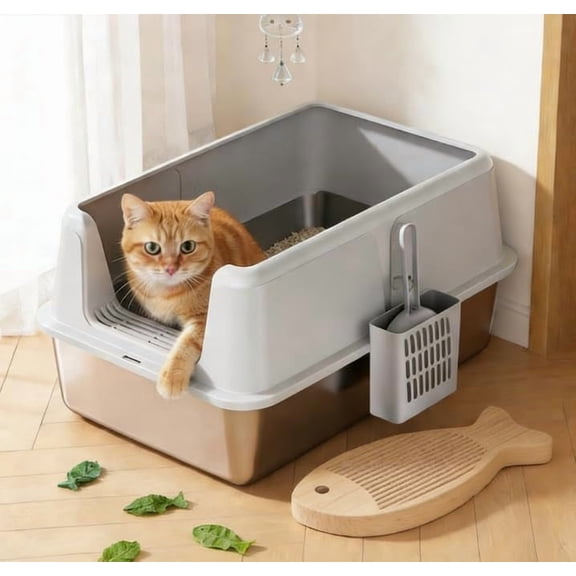 Rugerasy Stainless Steel Cat Litter Box,Large Enclosed Metal Litter Box with with Lid & Scoop,Extra Large,High Sided,Non-Stick Metal Pan,Leak-Proof Splash Guard,Gray