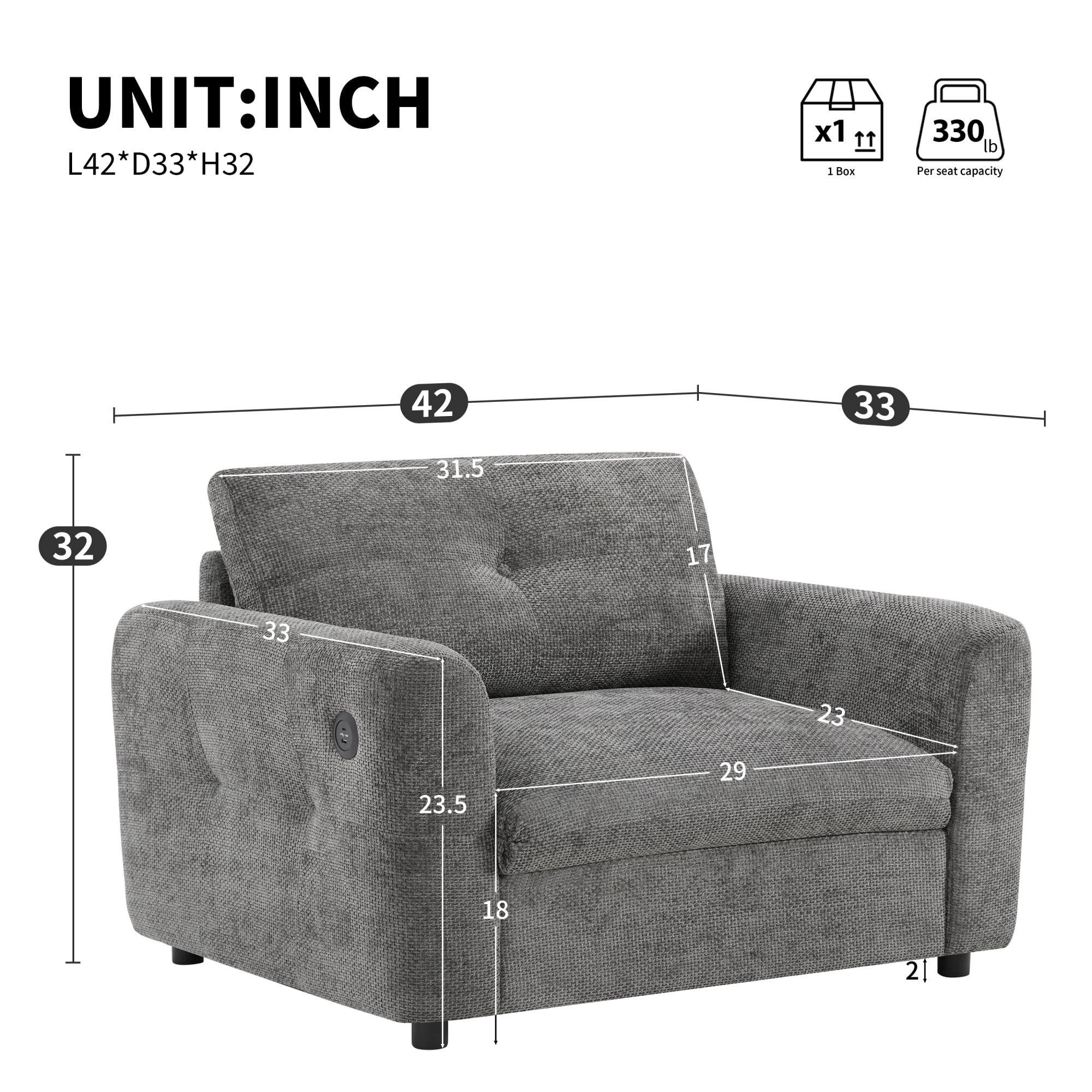 Oversized Single Sofa, Upholstered Accent Chair with Dual-port Charger, Modern Armchair with Wide Seat for Living Room & Apartment, Gray