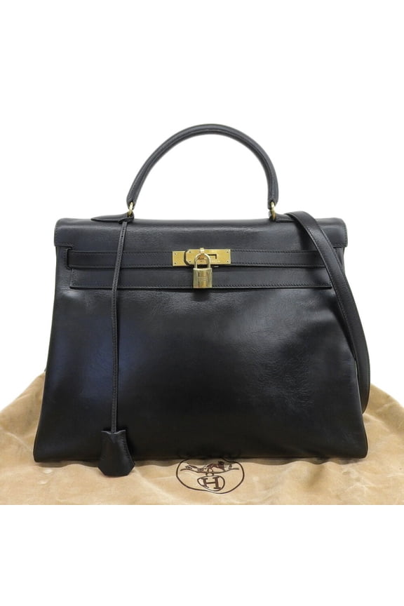 Pre-Owned Hermes Kelly 35 bag, box calf leather, black, gold-plated hardware, inside stitching,...
