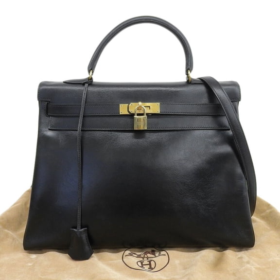 Pre-Owned Hermes Kelly 35 bag, box calf leather, black, gold-plated hardware, inside stitching,...