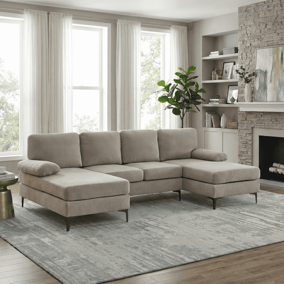 Jopath U-Shaped Sectional Sofa, 4-Seat Convertible Modular Sofa with Double Chaise Lounge,Blend Fabric Upholstered Sofa Couch with Metal Legs for Living Room,Apartment,khaki