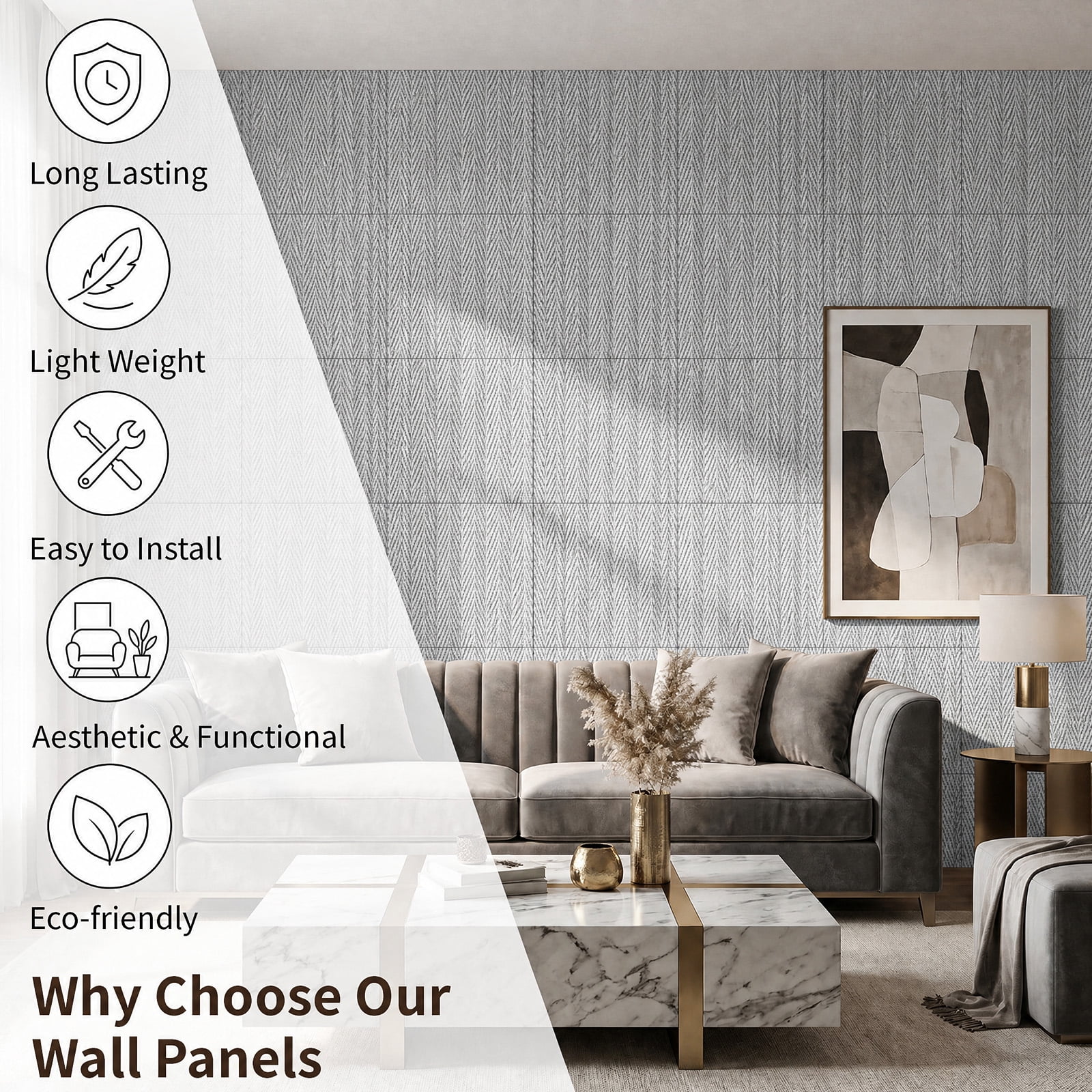 BEAUTYPEAK 8PCS 24"x 24" 3D Wall Panels Lightweight Wall Decor Panels for Home, Cement Grey