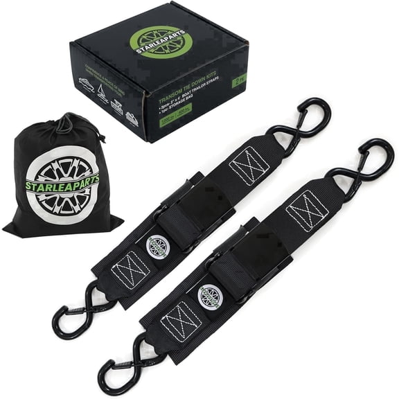 STARLEAPARTS 2PK Transom Tie-Down Straps (2"x48") - 1200lb Break Strength, 400lb Wll, Heavy-Duty Boat Trailer Straps for Marine Safety, Black
