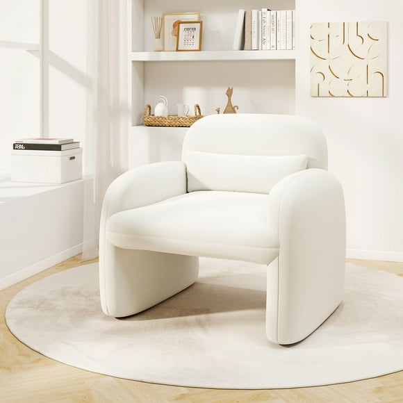 Gymax Modern Accent Chair Sherpa Fabric Upholstered Armchair w/ Waist Pillow White