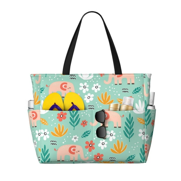 Fotbe Elephant and Flowers Bolsa de Viaje para Playa - Resistente al Agua, Bolsa Tote de Gran Capacidad y Ligera con 7 Bolsillos para Mujeres y Hombres