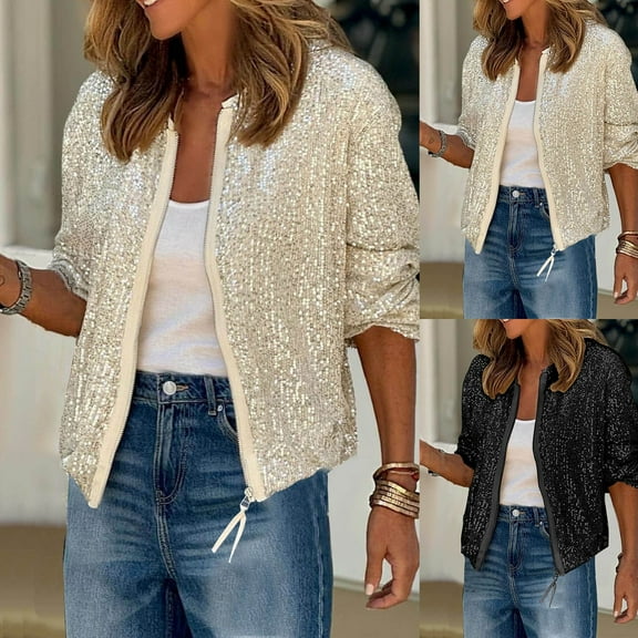 Dazajoo Women Sequin Jacket Zip Up Bomber Long Sleeve Loose Fit Glitter Party Short Coat,Beige,XL