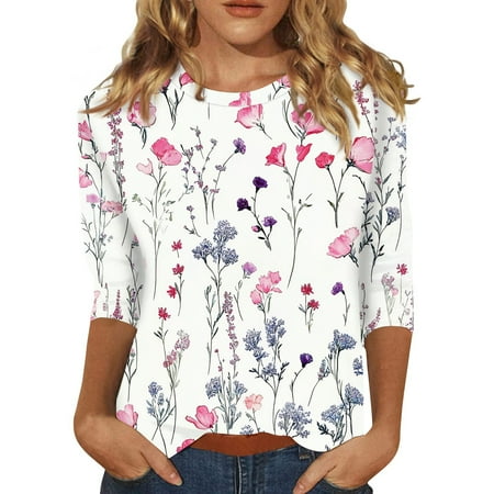 Sweatshirt For Women  3/4 Sleeve Shirts Cute Flower Print Graphic Tees Blouses Casual Plus Size Basic Tops Pullover Womens Summer Cap Tops Women Orders Tank Tops Corset (4XL  White) ZMTing