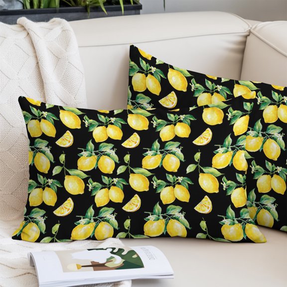 Lemon Black Pillow Covers 20x36 Inch King Size, Country Fruit Watercolor Farmhouse Plant Decorative Pillowcase with Zipper, Microfiber Pillow Protector, Breathable Pillowcases for Couch Sofa Bed
