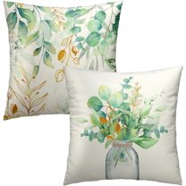 Spring Eucalyptus Leaves Throw Pillow Covers Sage Green Botanical Print Pillowcase Gold Green Eucalyptus Leaf Mason Jar Decorative Farmhouse Cushion Cover for Home Sofa Bedroom Porch Outdoor 18x18 in