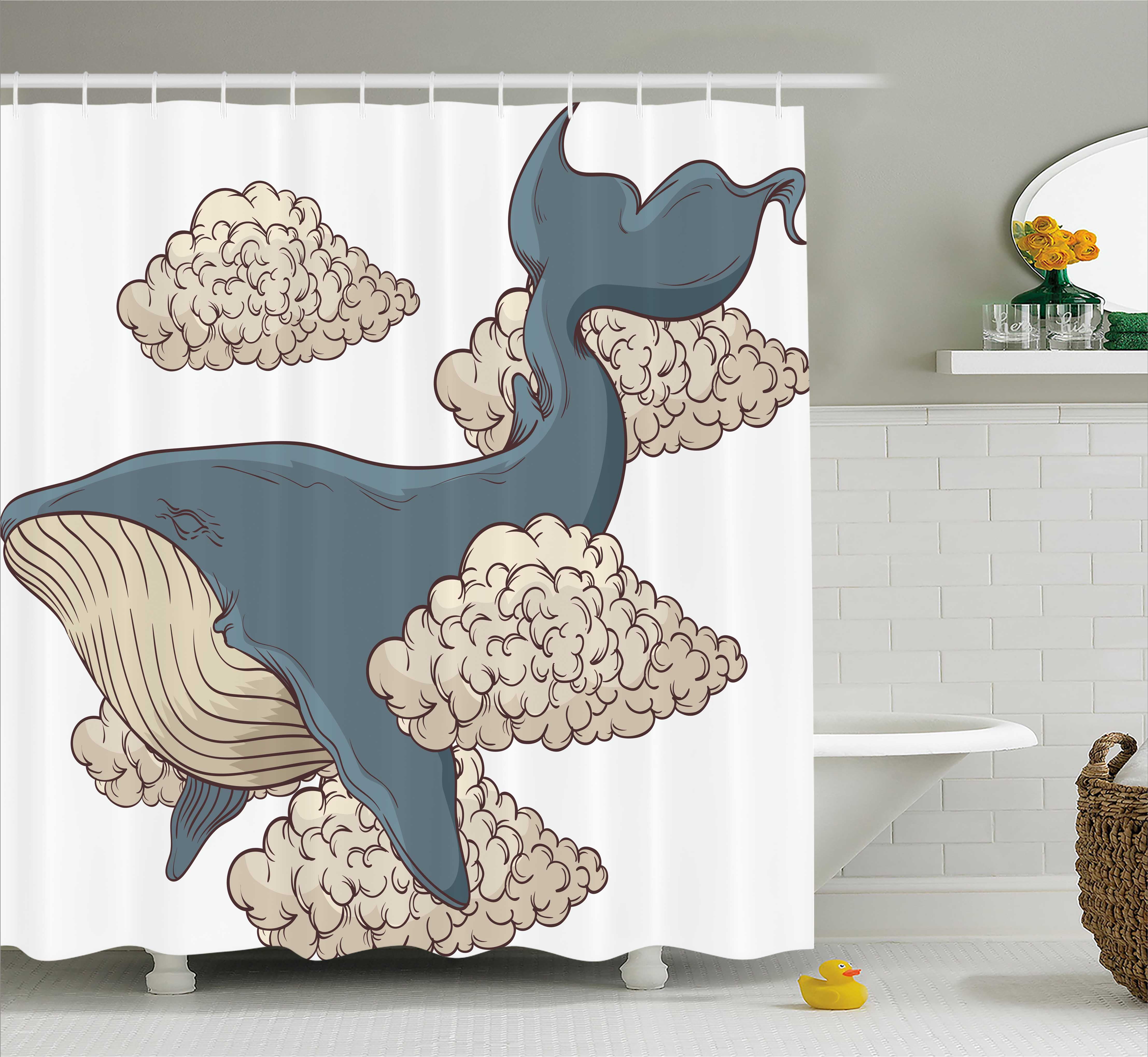 Whale Shower Curtain, Whale Hovering on Sky Clouds Animal Fish Marine
