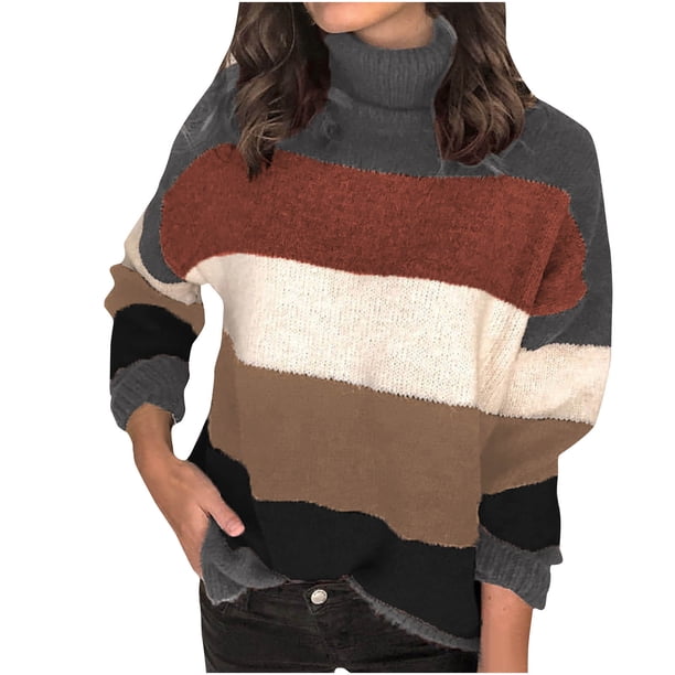 Suéteres Para Mujer Otoño Invierno Suéter A Rayas Suéter de Cuello Alto Casual Patchwork Manga Larga Abrigo de Punto Grueso Odeerbi ODB178312