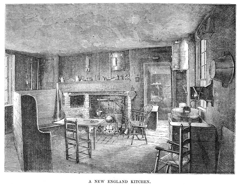 Colonial Kitchen. Nan 18Th Century New England Kitchen. Wood Engraving