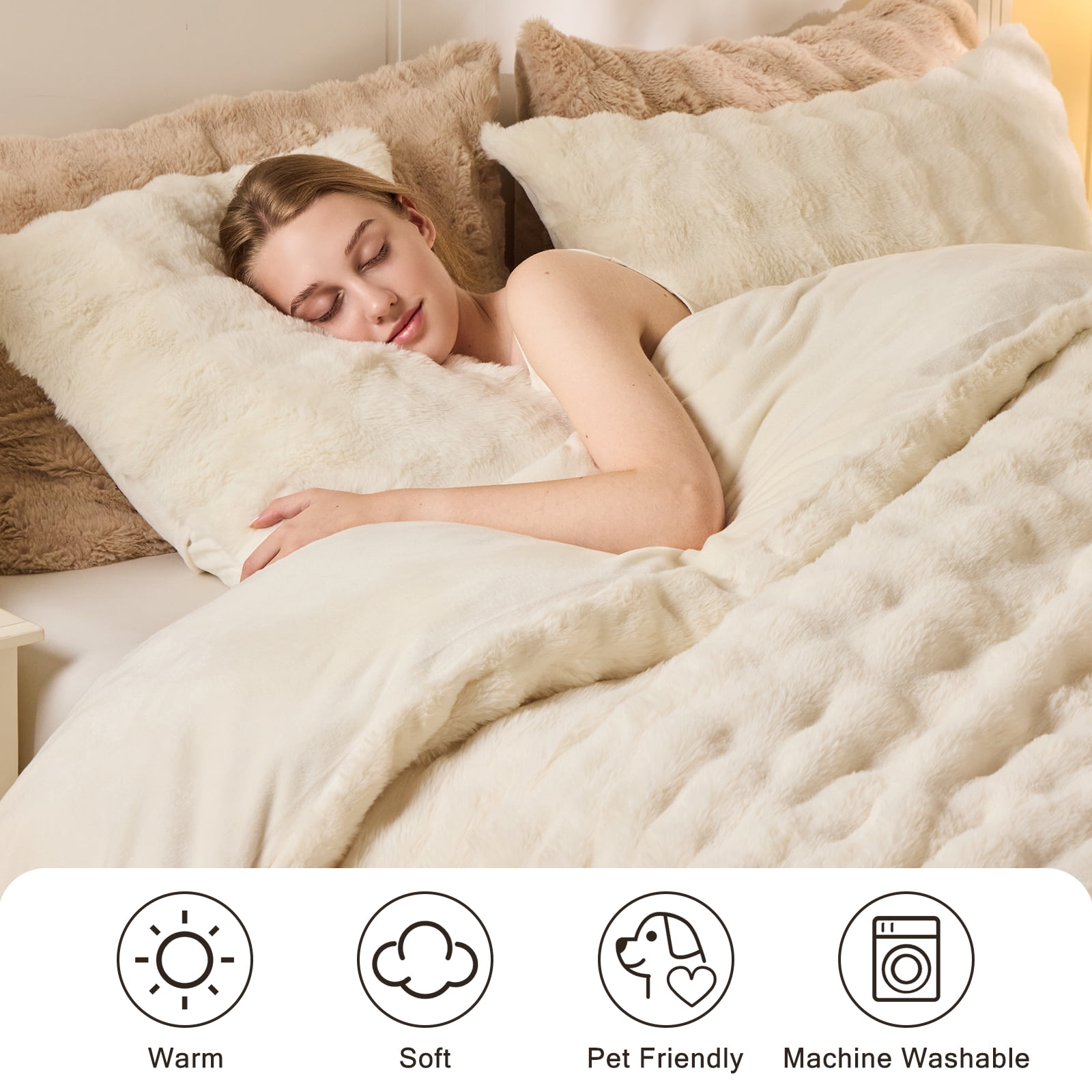 EMME Faux Fur Duvet Cover Twin-XL Size, 2 Pieces Ultra Soft Fluffy Comforter Cover, Cozy Warm for Winter, Luxury Shaggy Bubble Bedding Sets , 1 Duvet Cover & 1 Pillow Shams (Twin-XL,Cream White)