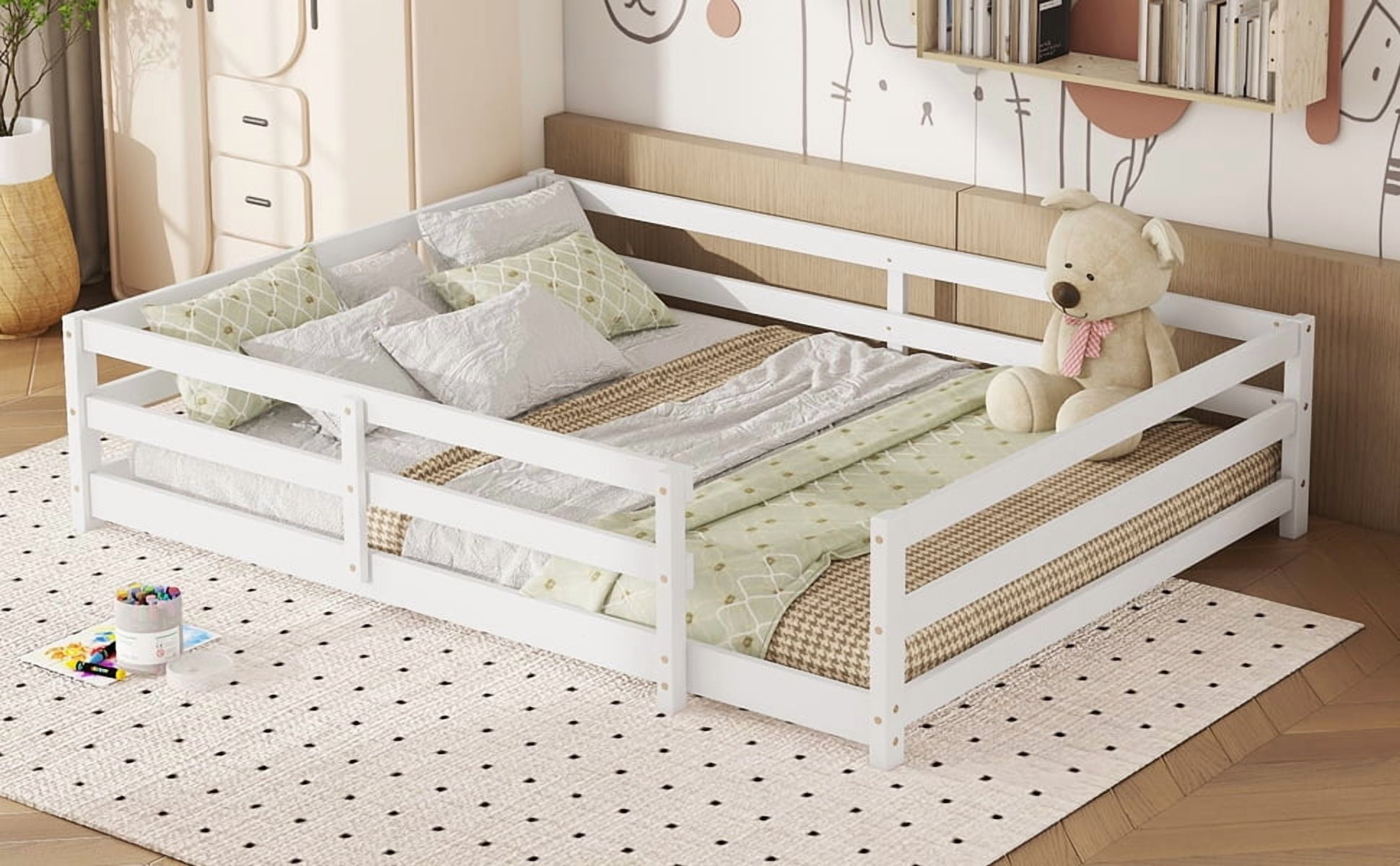 Full Size Floor Bed with Fence, Wood Floor Bed, White