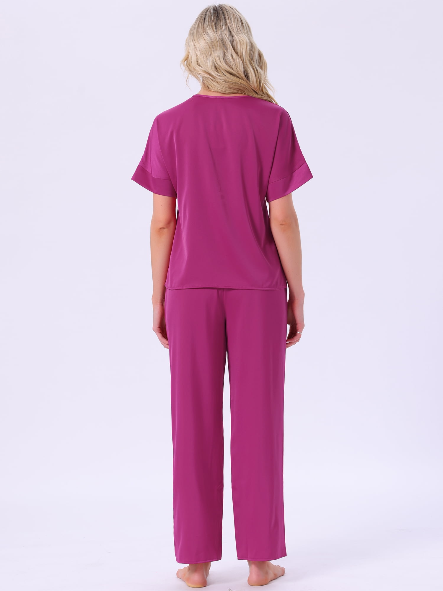 DARING DIVA Satin Pajamas Silky Short Sleeve V Neck Shirt Long Pant Set M Hot Pink